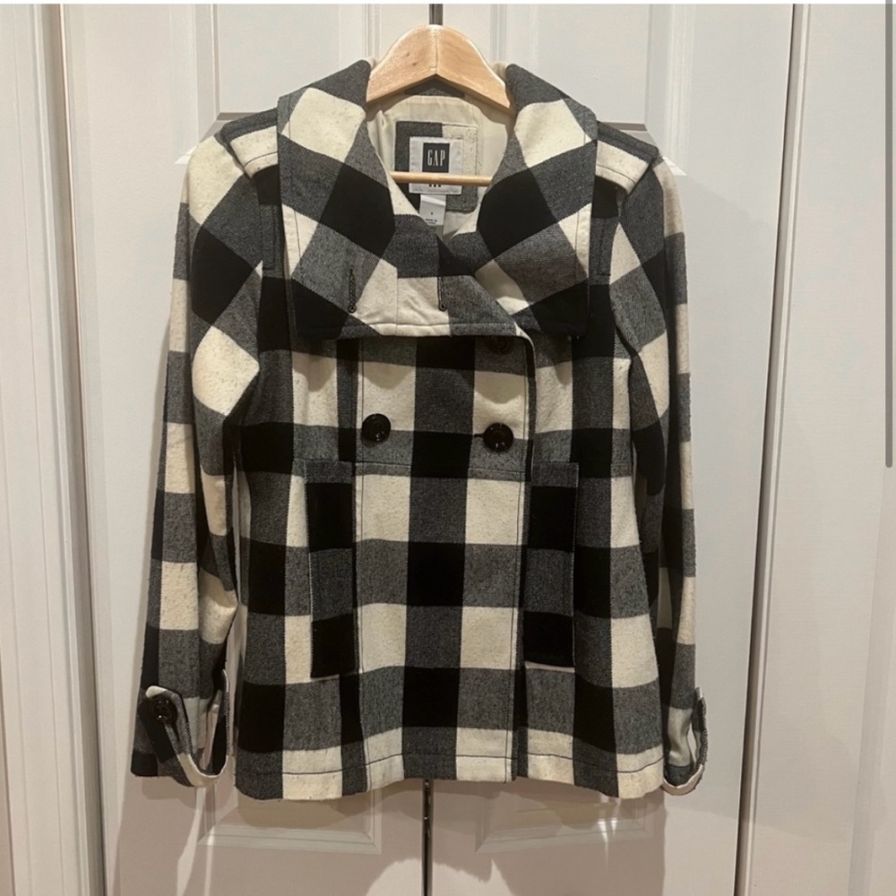 GAP Black and White Pea Coat with Checkered Pattern